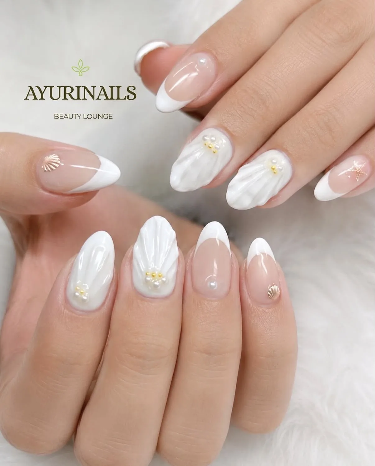 3D shell nail art with pearls and French tip, AyuriNails Makati